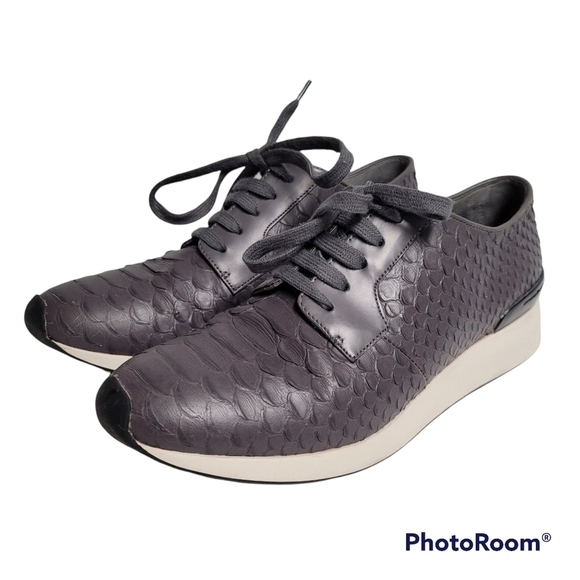 Vince Raynor Grey Python-print Leather Trainer Ceramic Lace Up Sneakers - Picture 2 of 10
